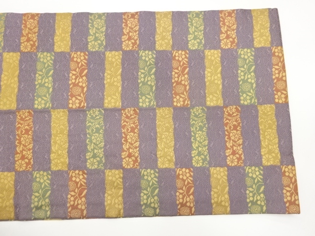  あらいそ製　縞・横段に青海波・花葉模様織出し開き名古屋帯（額縁仕立て）